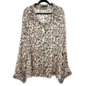 Boohoo Leopard Sheer Shimmer Brown Chiffon Button Down Long Sleeve Top 24 3X